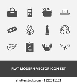 Modern, simple vector icon set with king, ticket, music, sport, chess, hat, musical, center, vintage, flight, cardiology, cook, seafood, sea, food, air, energy, game, bag, ecology, strategy, cap icons