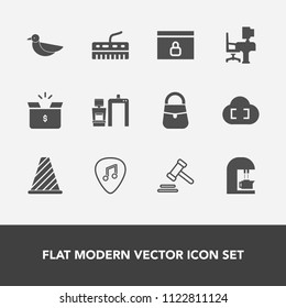 Modern, simple vector icon set with cafe, table, coffee, office, scan, street, cloud, bird, courthouse, website, legal, box, work, law, traffic, desk, background, sign, pack, business, container icons