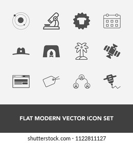 Modern, simple vector icon set with tag, hat, galaxy, work, texas, company, sheriff, laboratory, calendar, nature, timetable, microscope, shirt, station, orbit, hand, sign, equipment, clothes icons
