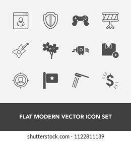Modern, simple vector icon set with fashion, america, kitchen, shield, flag, music, protection, play, grater, game, water, bath, profile, t-shirt, musical, protect, instrument, internet, dollar icons