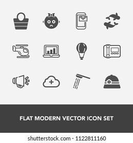 Modern, simple vector icon set with add, shower, chart, transport, bathroom, hat, sound, screen, helicopter, bag, computer, water, baby, email, laptop, style, mail, voice, bath, speaker, child icons