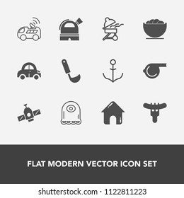 Modern, simple vector icon set with soup, vehicle, grill, ship, sausage, building, referee, car, object, monster, ladle, real, hotdog, equipment, observatory, bbq, cartoon, white, station, house icons
