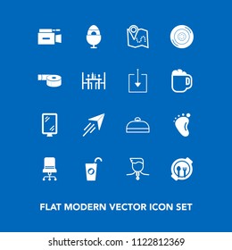 Modern, simple vector icon set on blue background with drink, decoration, success, food, winner, kid, luggage, armchair, holiday, sign, gold, banner, map, paper, camera, video, easter, table icons