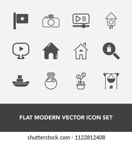 Modern, simple vector icon set with camera, home, interface, wooden, flag, growth, technology, photography, architecture, america, money, business, clothes, campfire, female, estate, ocean, sea icons
