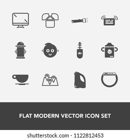 Modern, simple vector icon set with smart, display, road, bottle, fire, watch, pin, time, food, digital, childhood, coffee, kid, can, map, gadget, water, tshirt, location, milk, cafe, technology icons