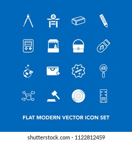 Modern, simple vector icon set on blue background with justice, man, male, instrument, white, boy, exploration, drink, cold, space, tool, bag, judge, equipment, japan, tire, building, material icons