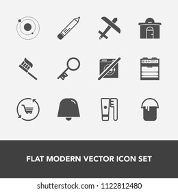 Modern, simple vector icon set with dental, color, paint, flight, oven, building, real, astronomy, hygiene, airplane, solar, system, key, aircraft, pencil, cart, health, estate, trolley, galaxy icons