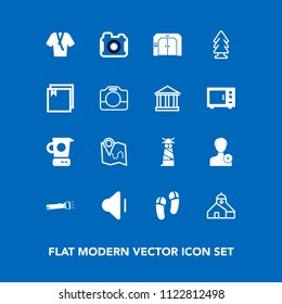 Modern, simple vector icon set on blue background with sea, music, business, kitchen, photography, volume, photo, camera, flashlight, add, travel, bathrobe, road, forest, lighthouse, fashion, up icons