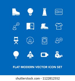 Modern, simple vector icon set on blue background with sky, craft, rocket, idea, online, lock, badge, safe, refresh, profile, bulb, extreme, light, parachuting, quality, parachute, bank, chess icons