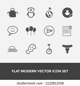 Modern, simple vector icon set with internet, snack, message, bike, food, estate, celebration, hospital, pinafore, apron, contract, nature, surgeon, real, globe, chef, chicken, email, planet icons