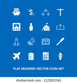 Modern, simple vector icon set on blue background with airplane, science, book, education, music, office, literature, finance, technology, robot, shuttle, company, stationery, check, dessert icons