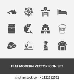 Modern, simple vector icon set with coffee, fitness, bodybuilding, health, spaceship, technology, sea, culture, white, travel, asia, seafood, drum, temple, ufo, person, natural, light, farming icons