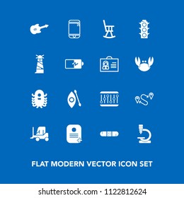 Modern, simple vector icon set on blue background with fiction, water, research, truck, travel, guitar, musical, health, phone, map, medicine, space, river, car, science, cell, light, chair, ufo icons