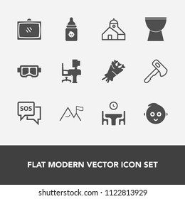 Modern, simple vector icon set with work, element, music, beautiful, danger, office, child, summer, snorkel, food, bottle, hammer, construction, water, baby, dinner, white, tv, floral, kid, tool icons