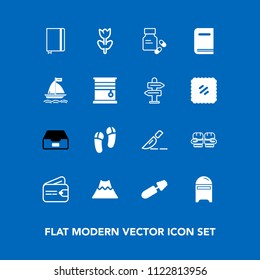 Modern, simple vector icon set on blue background with clinic, landscape, footwear, mascara, competition, mountain, envelope, book, boxing, slipper, surgery, cash, notebook, letter, paper, post icons