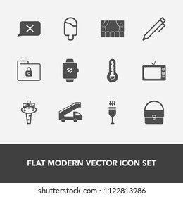 Modern, simple vector icon set with temperature, fashion, lock, cream, glass, wine, screen, transport, red, drink, food, smart, data, liquid, write, television, pen, transportation, alcohol, tv icons