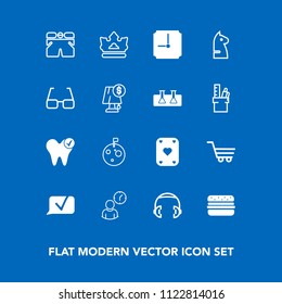 Modern, simple vector icon set on blue background with king, play, planet, audio, chat, cart, royal, eyeglasses, clock, retail, space, poker, health, strategy, healthy, astronaut, sound, fashion icons