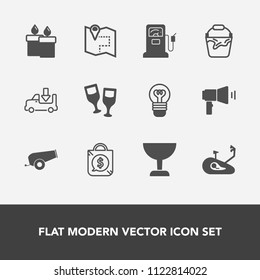 Modern, simple vector icon set with electric, sale, price, electricity, bike, alcohol, truck, map, decoration, bulb, fuel, travel, wine, flame, shipping, pin, road, tag, transport, gun, lamp icons