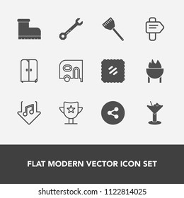 Modern, simple vector icon set with download, barbecue, drink, car, stamp, leather, internet, success, mail, sign, cooking, footwear, reward, bar, delivery, button, home, postage, cupboard, meat icons