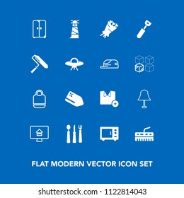 Modern, simple vector icon set on blue background with house, furniture, bouquet, white, oven, electricity, fashion, fork, blossom, roller, tag, floral, interior, music, discount, cupboard, lamp icons