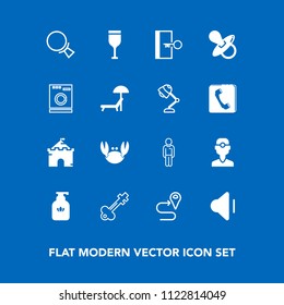 Modern, simple vector icon set on blue background with boy, clinic, road, bottle, sound, hygiene, crab, fresh, dentistry, old, seafood, drink, liquid, navigation, architecture, castle, male, red icons