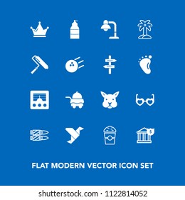 Modern, simple vector icon set on blue background with glasses, queen, animal, banking, radio, gun, business, cup, bank, style, horizontal, finance, hotel, bedroom, bunny, room, weapon, art, bed icons