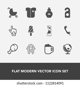 Modern, simple vector icon set with chicken, pram, carriage, planet, dessert, fashion, coffee, bottle, perfume, communication, beauty, baby, cup, stroller, ancient, egyptian, hand, gesture, cafe icons