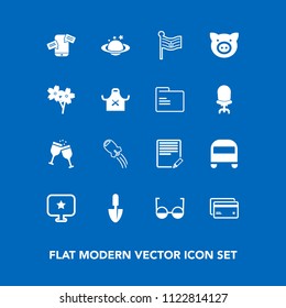 Modern, simple vector icon set on blue background with tool, nation, phone, star, rocket, sign, plastic, wine, globe, america, pig, flag, chat, nature, earth, red, transport, document, money icons