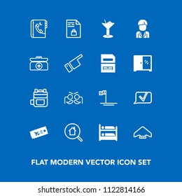 Modern, simple vector icon set on blue background with home, plane, hotel, notebook, online, sky, carnival, communication, baja, celebration, leather, bag, drink, party, festival, beach, extreme icons