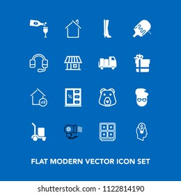 Modern, simple vector icon set on blue background with wild, delivery, retro, white, footwear, electric, style, sweet, warehouse, wine, finance, interior, bear, alcohol, graphic, real, concept icons