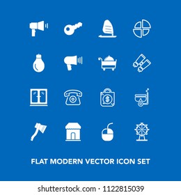 Modern, simple vector icon set on blue background with device, carousel, surf, snorkel, summer, idea, axe, eye, tool, energy, shop, computer, wheel, mouse, wind, technology, london, telephone icons