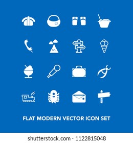 Modern, simple vector icon set on blue background with backpack, sushi, fish, monster, leather, salmon, food, business, school, bag, medical, audio, fiction, clinic, drill, transport, space, ufo icons
