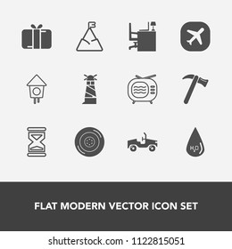 Modern, simple vector icon set with hour, birdhouse, blue, ocean, lighthouse, technology, hammer, table, light, bird, house, wrench, present, tv, car, time, clock, holiday, video, equipment, sea icons