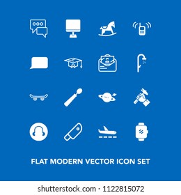 Modern, simple vector icon set on blue background with knife, chat, meat, laptop, helmet, internet, computer, cute, airport, message, skate, call, astronomy, skateboard, baby, foreman, kitchen icons