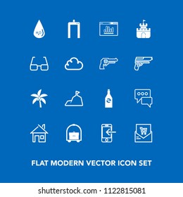 Modern, simple vector icon set on blue background with sky, white, machine, transfer, internet, liquid, analytics, mobile, mountain, room, vacation, landscape, architecture, bubble, business icons