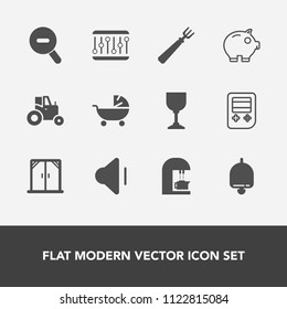 Modern, simple vector icon set with home, economy, house, agricultural, button, baby, audio, technology, money, field, web, arrow, alcohol, wine, alarm, modern, agriculture, fork, ring, child icons