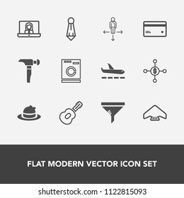 Modern, simple vector icon set with appliance, conditioner, hammer, parachuting, direction, headwear, tie, style, road, video, machine, clean, airport, parachute, housework, technology, finance icons
