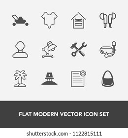 Modern, simple vector icon set with palm, snorkel, fashion, male, summer, lamp, equipment, home, cute, contract, lawn, girl, gardening, house, astronaut, exploration, science, hammer, bag, model icons