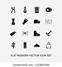 Modern, simple vector icon set with waste, tool, blossom, sign, temperature, trash, pants, restaurant, pan, chemical, boot, , garden, clothing, raking, bag, thermometer, gardening, business, way icons