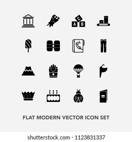 Modern, simple vector icon set with mountain, crater, floral, paper, water, banking, business, finance, snack, extreme, abc, money, pie, bug, lady, royal, queen, food, parachute, bouquet, bank icons