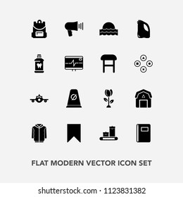 Modern, simple vector icon set with brush, background, sunset, sunrise, light, school, health, notebook, clean, care, book, can, speaker, barn, plane, sign, departure, staple, flower, bag, road icons