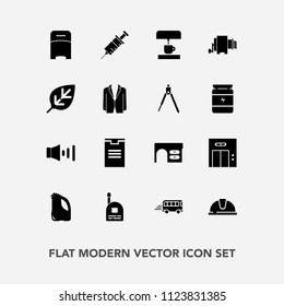 Modern, simple vector icon set with work, box, transportation, road, package, sound, pasta, drill, entrance, safety, business, transport, desk, food, communication, child, speed, dentistry, fun icons