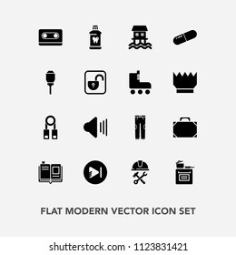 Modern, simple vector icon set with sound, media, pants, leather, clean, object, health, hygiene, builder, audio, up, volume, kitchen, bag, houseboat, presentation, pill, brush, retro, fashion icons
