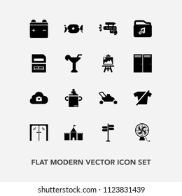 Modern, simple vector icon set with lollipop, document, fan, photo, road, sweet, garden, water, plastic, shirt, bottle, street, music, equipment, lawn, pistol, play, direction, full, glass, food icons