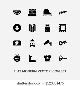 Modern, simple vector icon set with safety, warm, clothes, bed, music, sad, camera, sign, jacket, sound, home, business, child, baby, coat, cute, guitar, watermelon, musical, frame, human, style icons