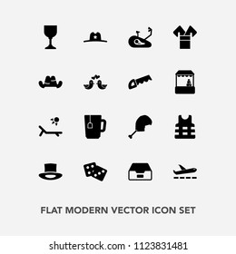 Modern, simple vector icon set with headwear, airport, fitness, success, costume, dove, life, west, dice, cup, chicken, fashion, casino, airplane, data, file, texas, sheriff, safety, glass, meat icons
