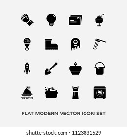 Modern, simple vector icon set with food, female, tool, people, housework, bulb, construction, doughnut, cook, cake, finger, dress, paint, sweet, document, file, shovel, rocket, hand, launch icons