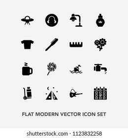 Modern, simple vector icon set with schedule, cup, delivery, safety, candy, water, food, ufo, help, sweet, time, camp, space, day, travel, transportation, shipping, tent, white, faucet, guitar icons