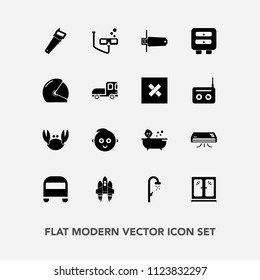 Modern, simple vector icon set with interior, motorcycle, transport, childhood, cute, scuba, technology, drawer, bath, furniture, conditioning, biker, baby, work, shower, kid, transportation icons