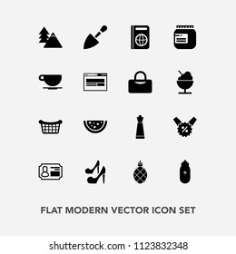 Modern, simple vector icon set with tourism, lifestyle, construction, tree, equipment, id, watermelon, girl, passport, fresh, high, king, price, beauty, identity, exotic, piece, store, concept icons